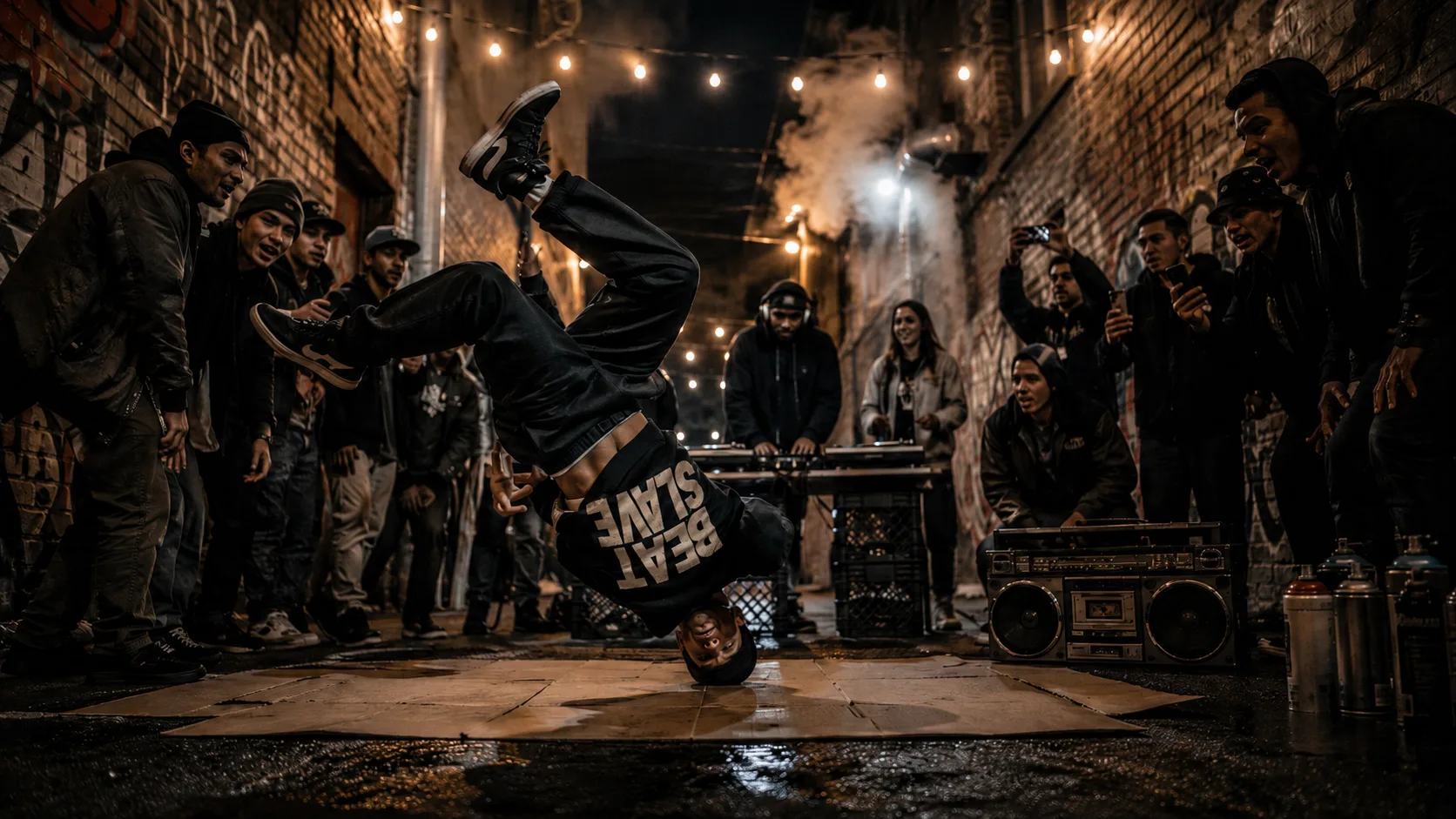 B-boy freezing upside down in a graffiti alley while a DJ spins behind him and the crowd circles up